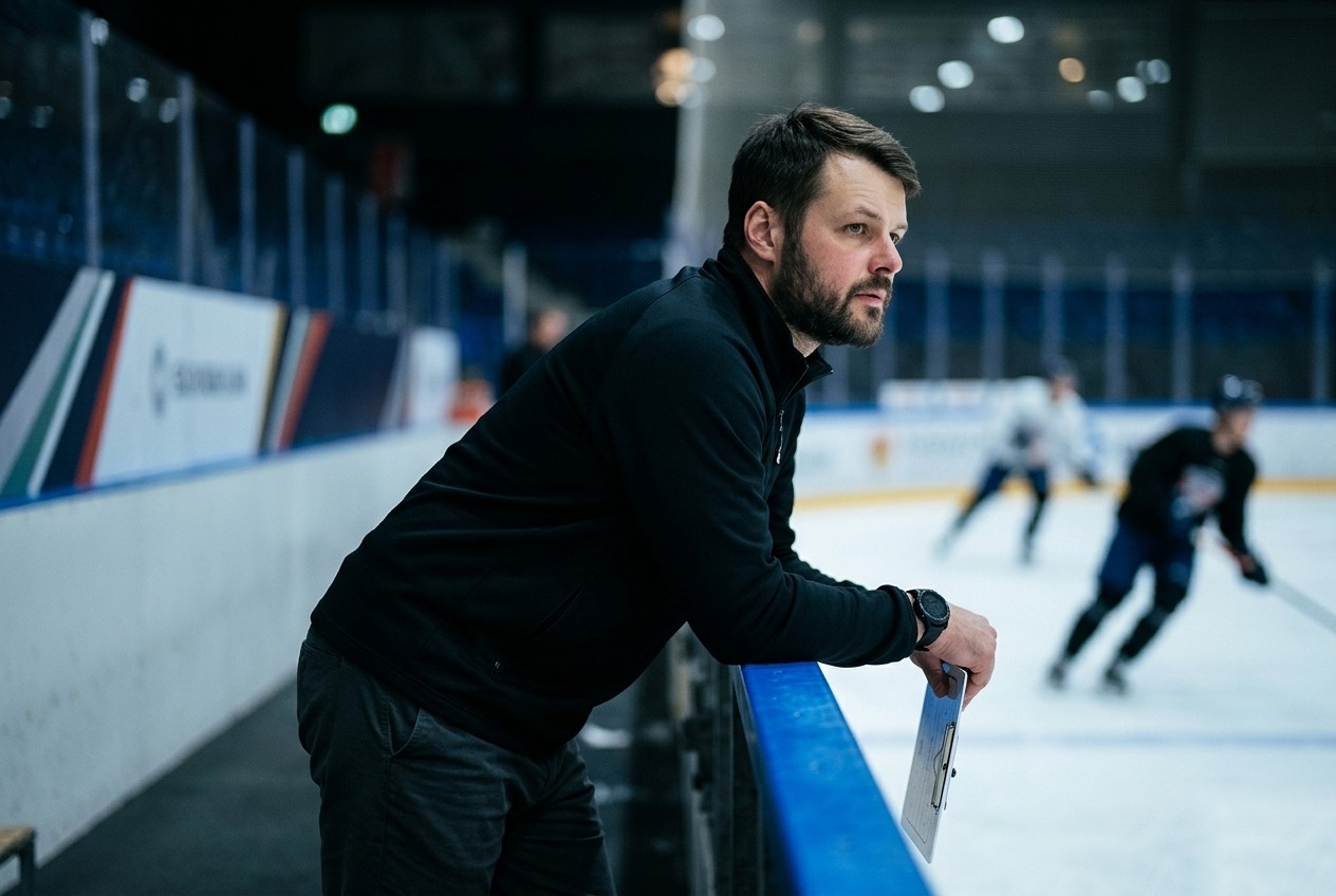 Ivan Beliaev on the bench during practice, watching the ice.